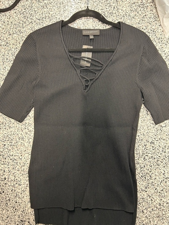 Lane Bryant Tops - Lane Bryant Black Ribbed V-Neck Lace-Up Short Sleeve Top